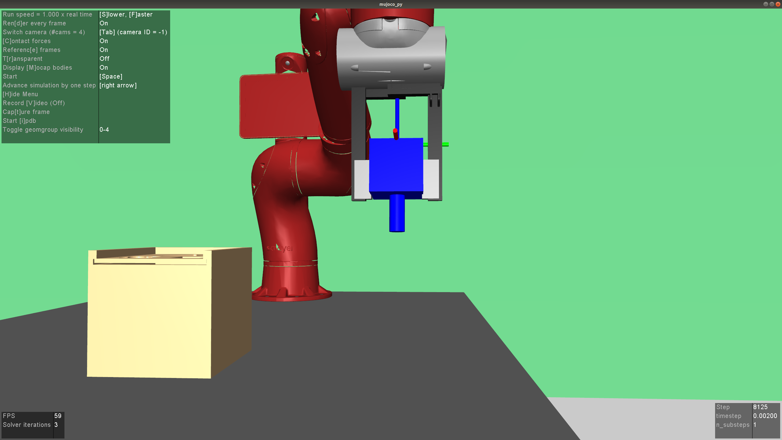 Simulation of multitask environment in MuJoCo. A Sawyer arm uses a graspable peg (in blue) to manipulate a box with a lid.
